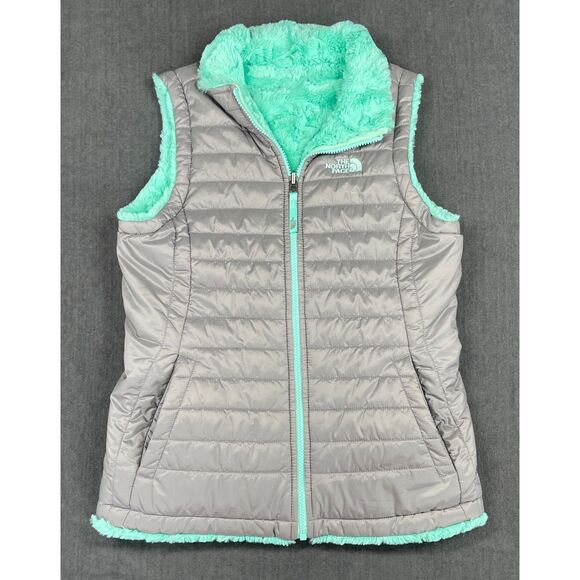 The North Face Reversible Vest Women M Gray Mint Fuzzy Lined Zip Puffer Outdoors - Picture 1 of 12